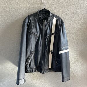 Vtg Black Rivet Leather Jacket Mens XL  Racing Stripes MOTORCYCLE Biker Driver